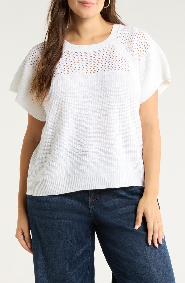 SUGARLIPS Alma Open Stitch Short Sleeve Sweater, Main, color, White