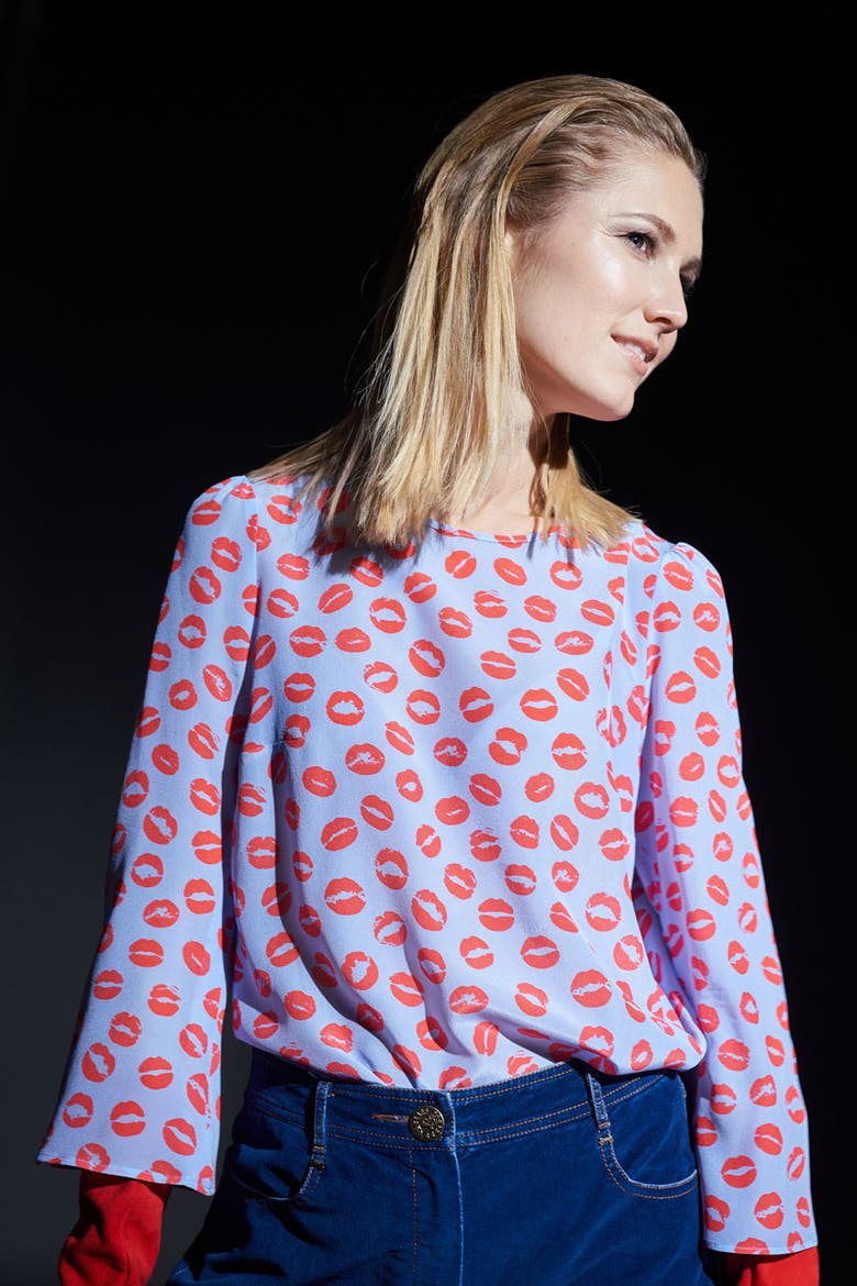 Printed Silk Shirt, Alternate, color, Blue / Red