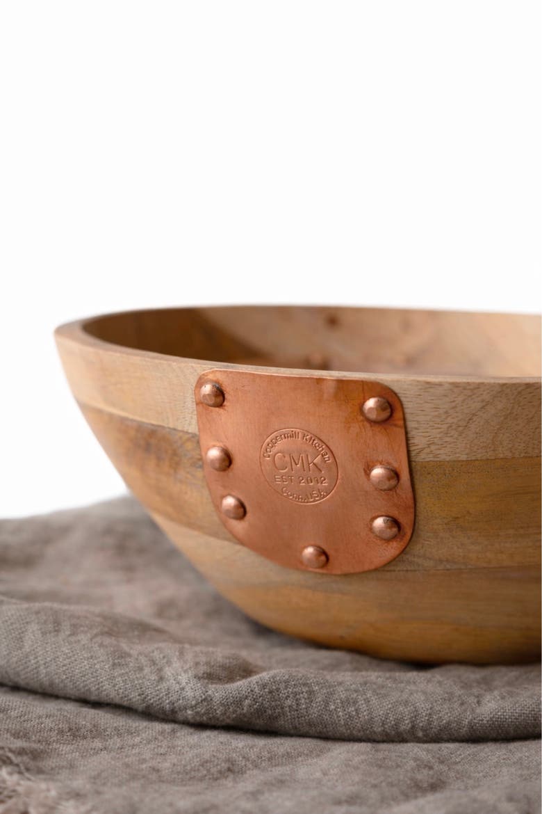 Vintage Inspired Wooden Serving Bowl with Handmade Copper Details, Alternate, color, Brown