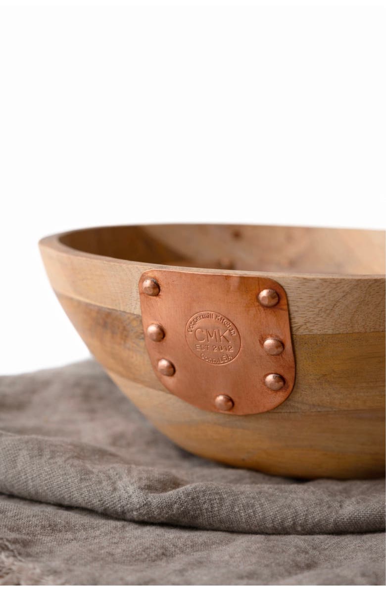 Coppermill Kitchen Vintage Inspired Wooden Serving Bowl with Handmade Copper Details, Alternate, color, Brown