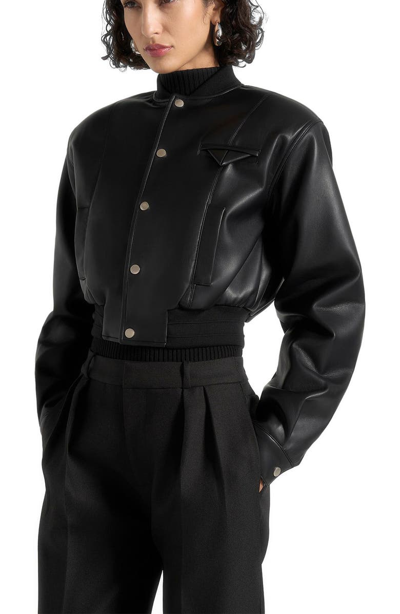 Manière De Voir Zina Leather Wide Shoulder Bomber Jacket, Alternate, color, Black