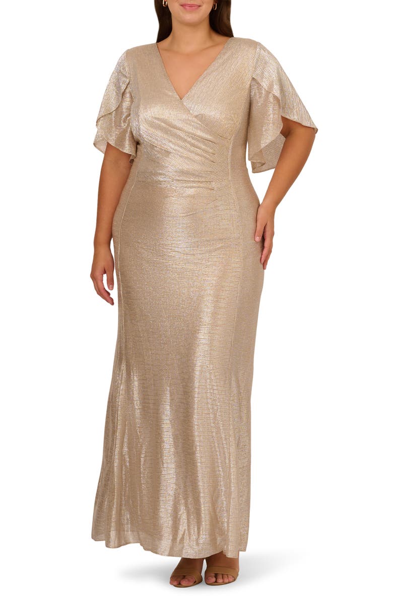 Adrianna Papell Metallic Flutter Knit Mermaid Gown, Main, color, 