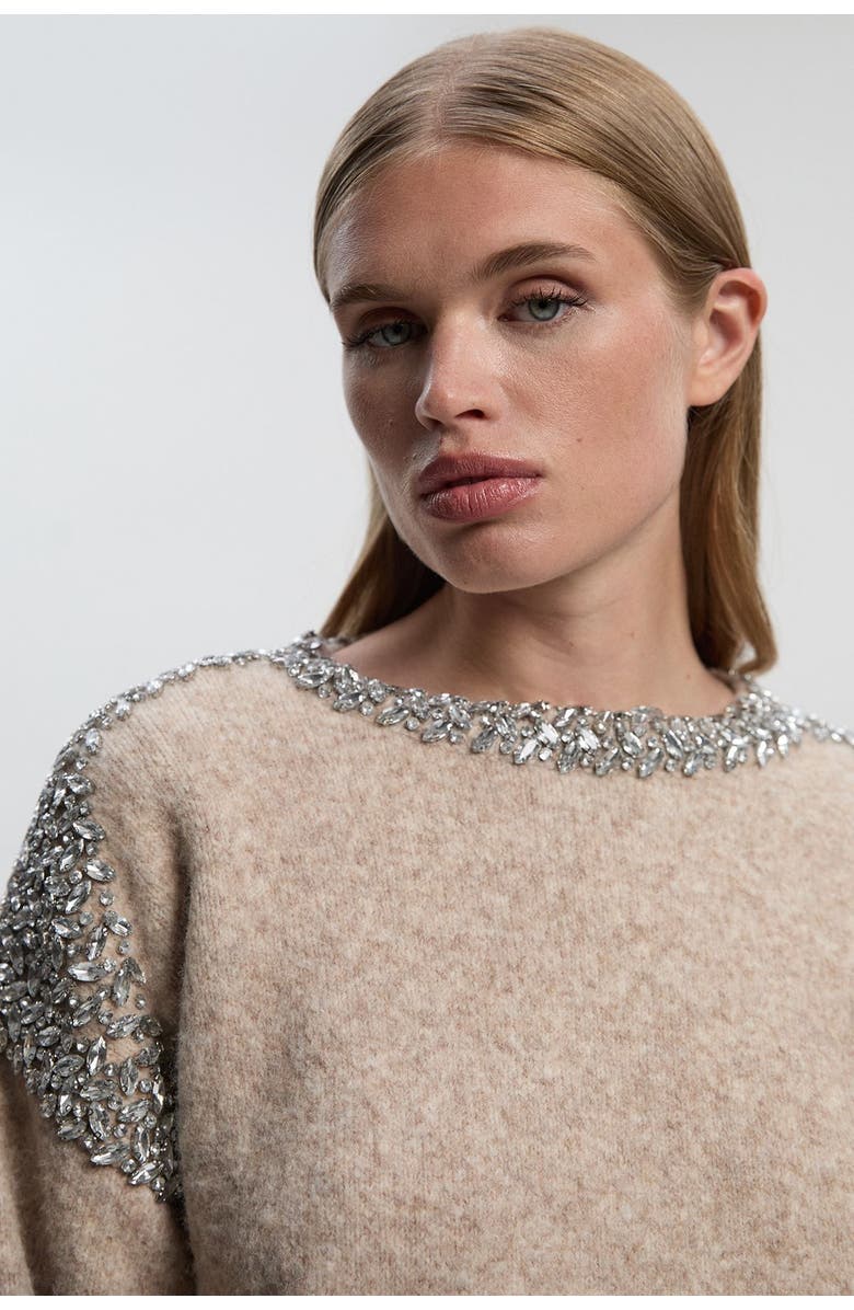 Karen Millen Embellished Trim Cosy Knit Jumper, Alternate, color, Oatmeal