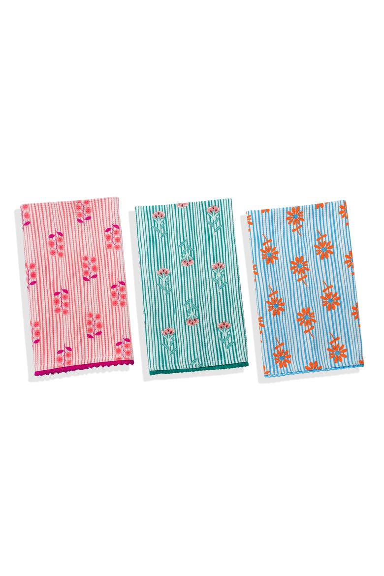 Floral Set of 3 Cotton Waffle Kitchen Towels, Main, color, CORAL/ TEAL / FRENCH