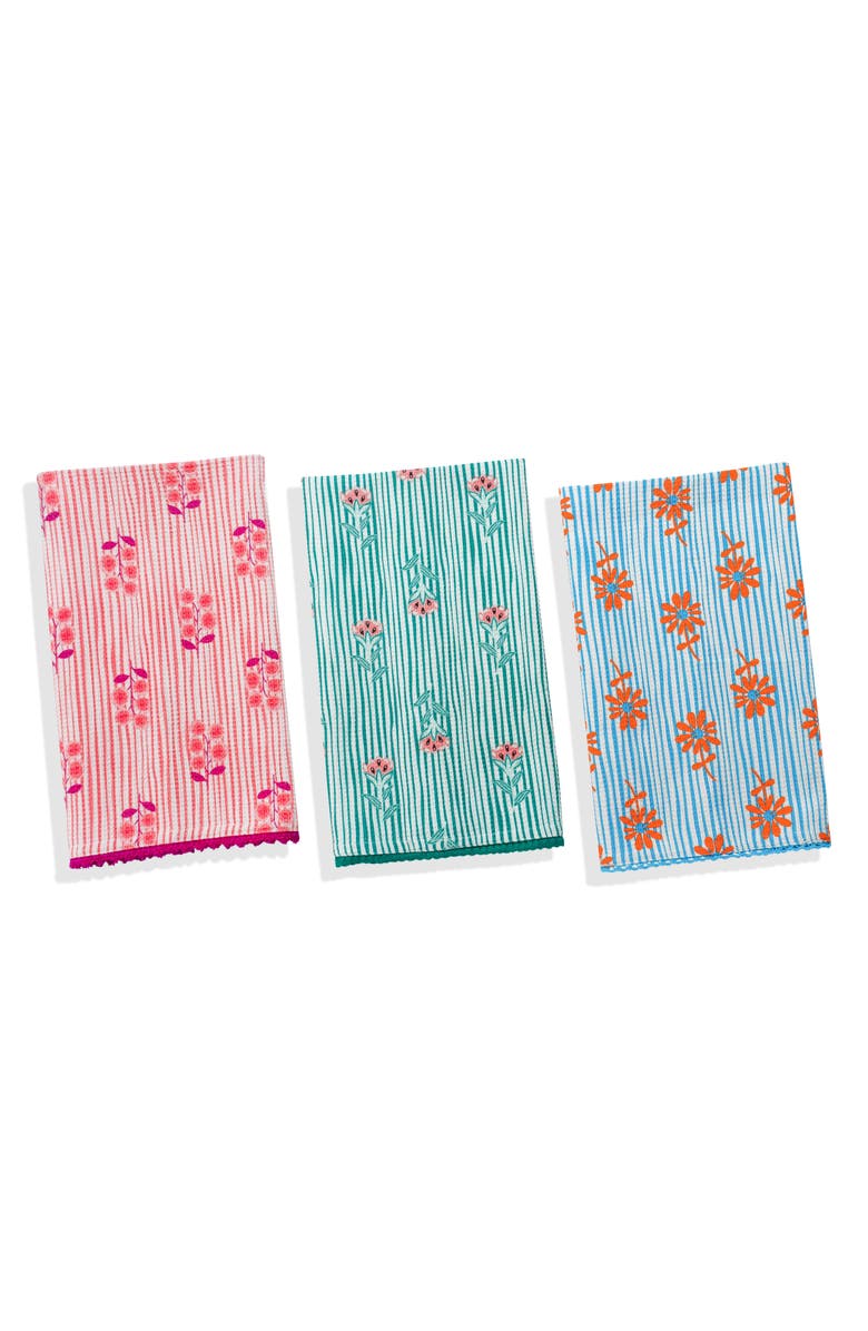 Tiramisu Floral Set of 3 Cotton Waffle Kitchen Towels, Main, color, Coral/ Teal / French