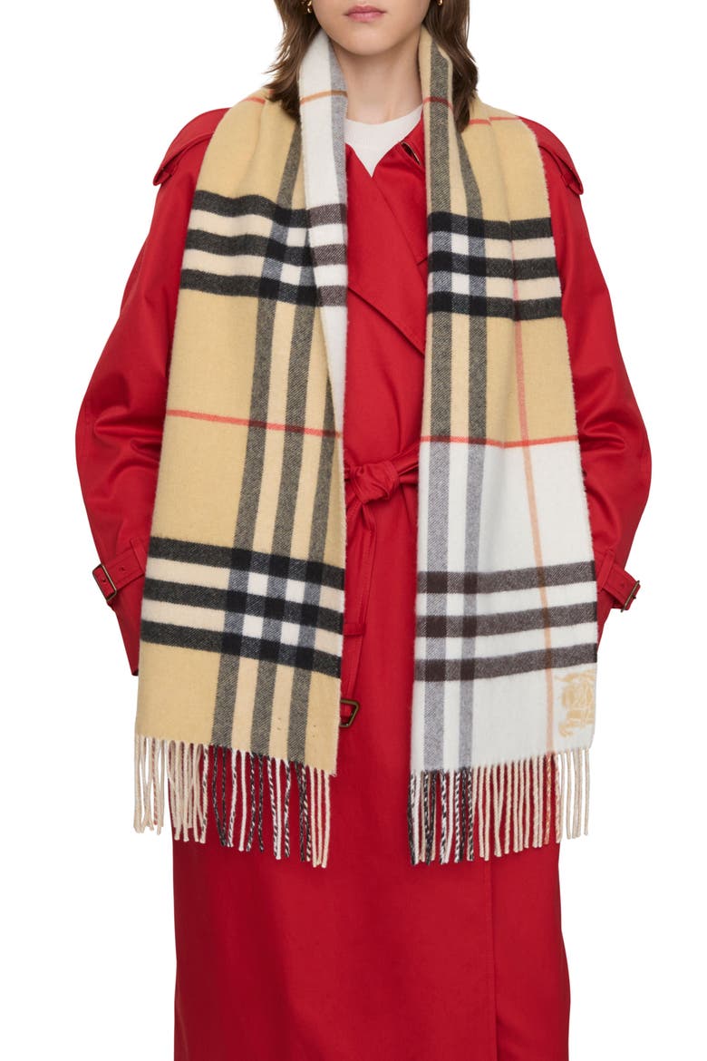 Jacquard Check Double Face Cashmere Fringe Scarf, Alternate, color, SAND/ PEBBLE WHITE