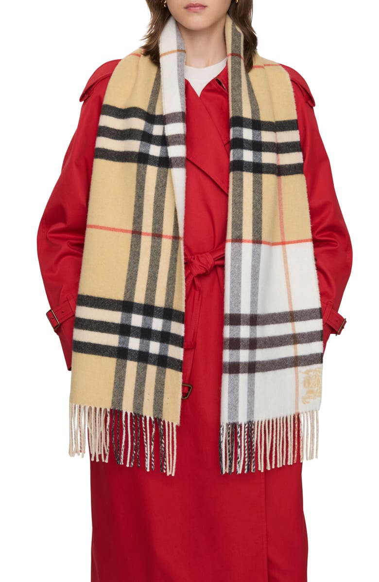 Burberry Jacquard Check Double Face Cashmere Fringe Scarf, Alternate, color, Sand/ Pebble White