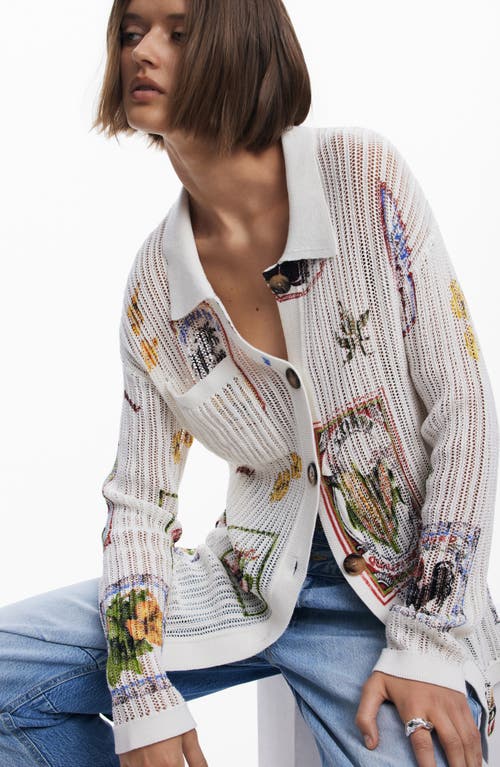 Desigual Garden Print Open Stitch Cardigan In Light Beige