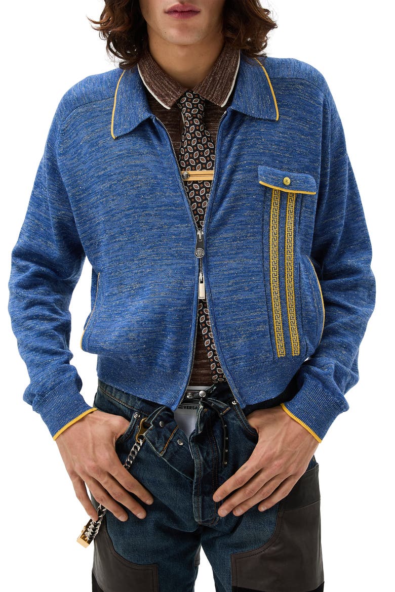 Greca Jacquard Wool & Silk Blend Mouliné Zip Cardigan, Main, color, SKY