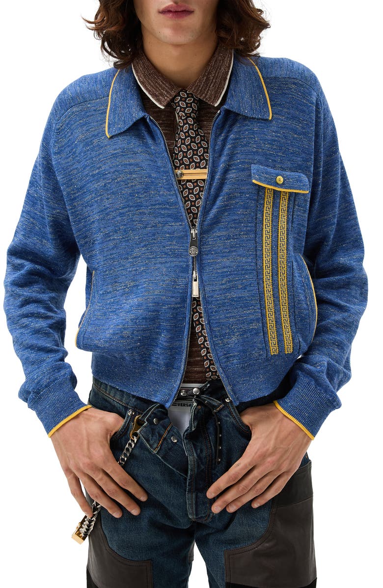 Versace First Line Greca Jacquard Wool & Silk Blend Mouliné Zip Cardigan, Main, color, Sky