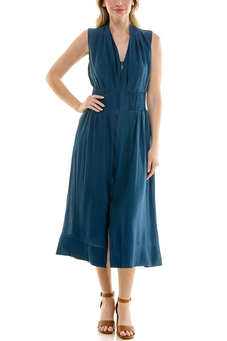 Smocked Waist Zip Front Midi Dress, Alternate, color, DARK DENIM