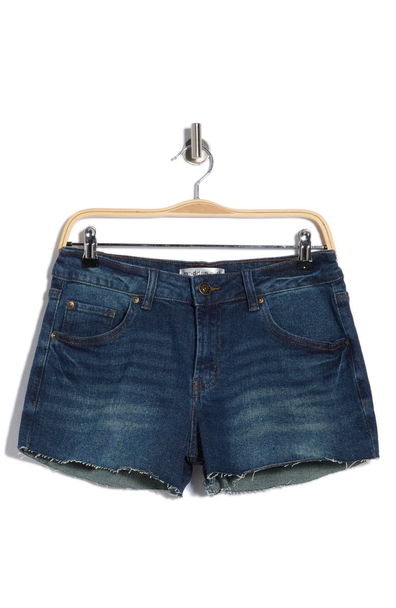 Madden Girl Raw Hem Shorts, Main, color, Dark Wash