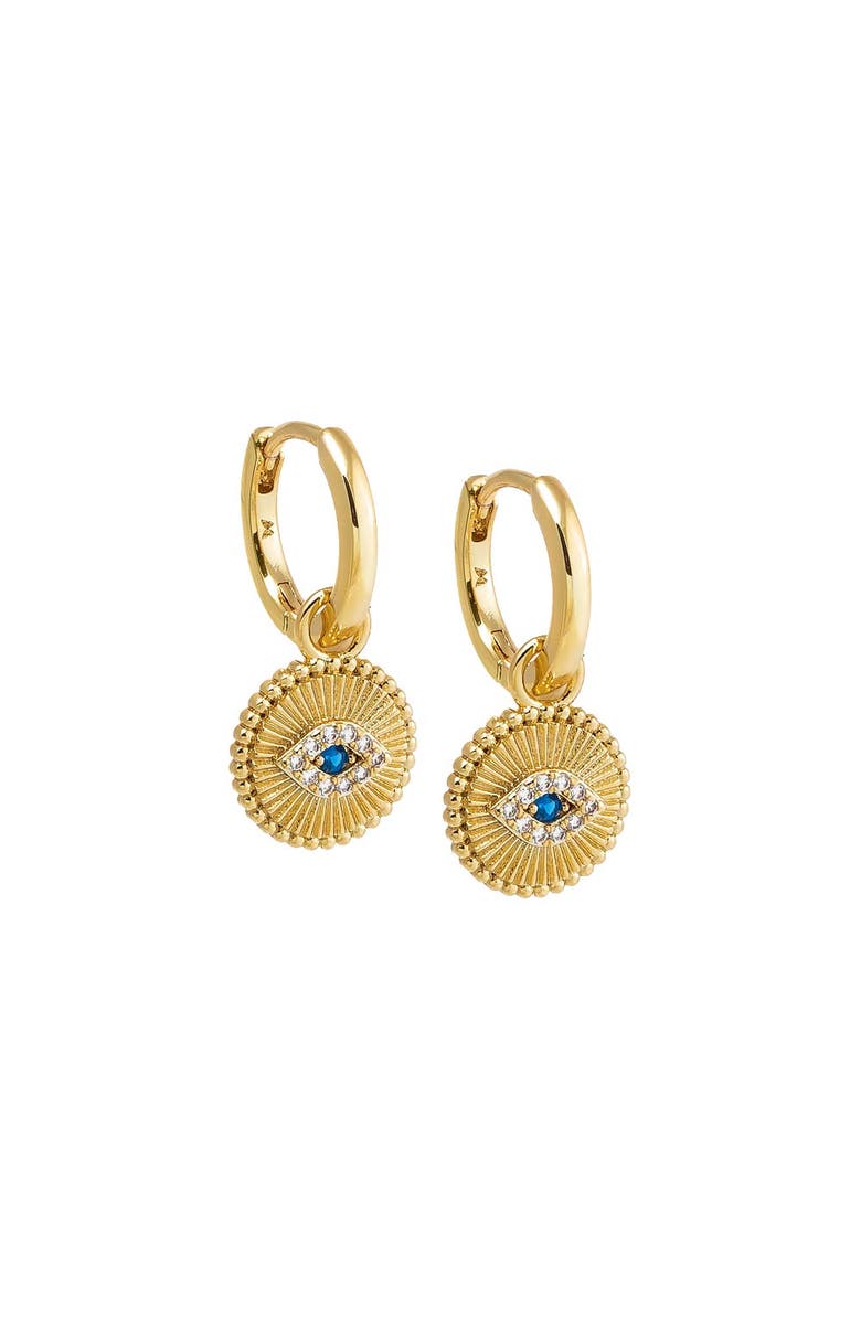 BY ADINA EDEN CZ Evil Eye Disc Drop Huggie Earring, Main, color, 