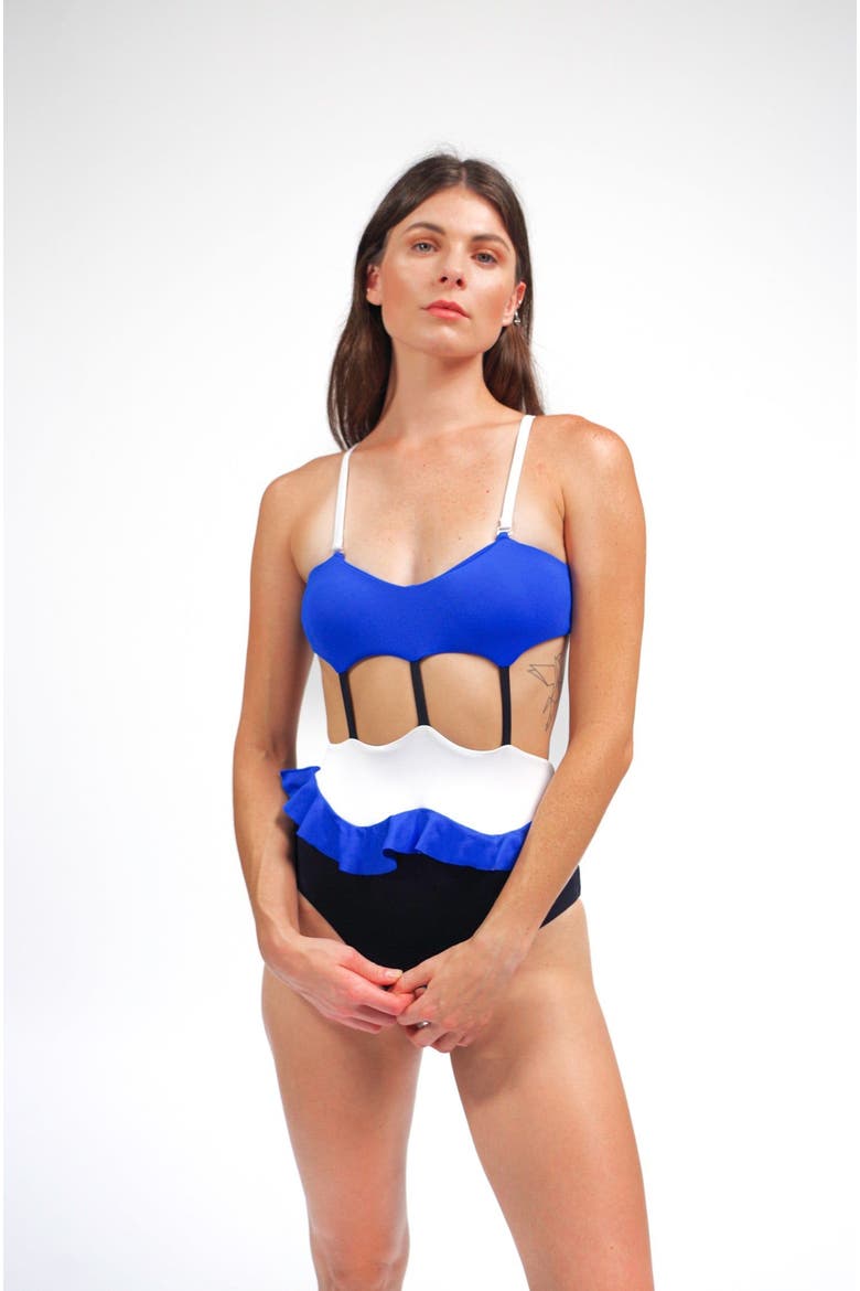 Mitchy One Piece Swimsuit With Ruffle Waist, Alternate, color, White/Black/Royal Blue