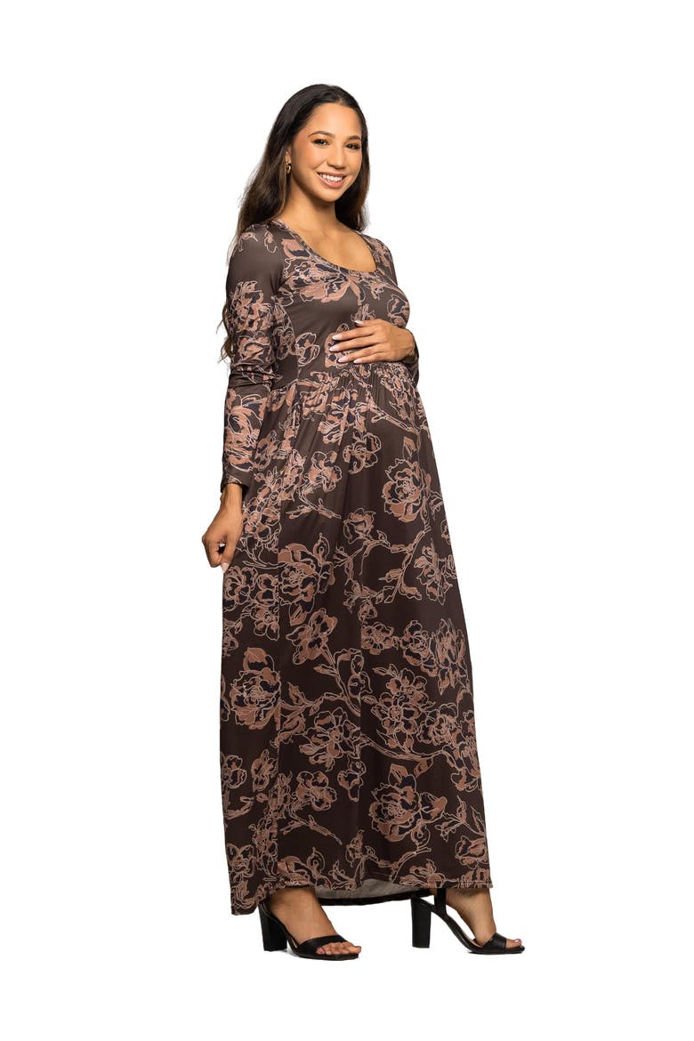 Floral Long Sleeve Scoop Neck Maxi Dress, Alternate, color, Brown Multi