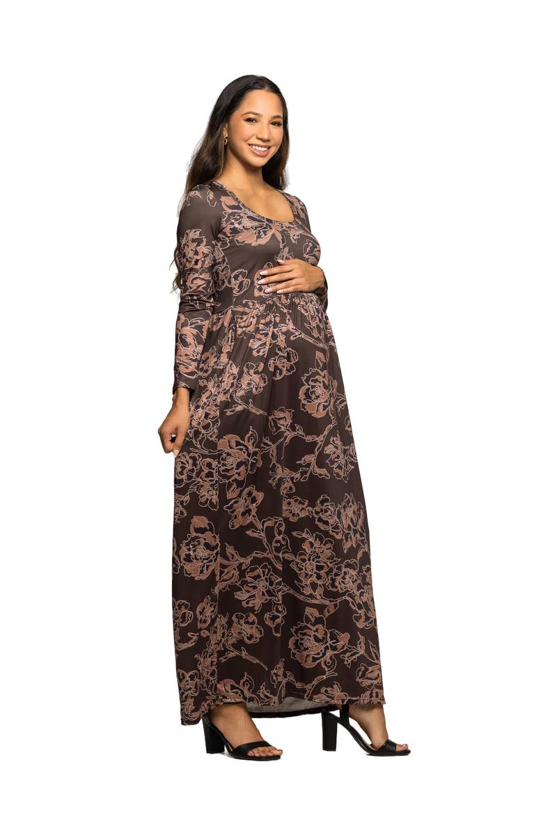 24seven Comfort Apparel Floral Long Sleeve Scoop Neck Maxi Dress, Alternate, color, Brown Multi