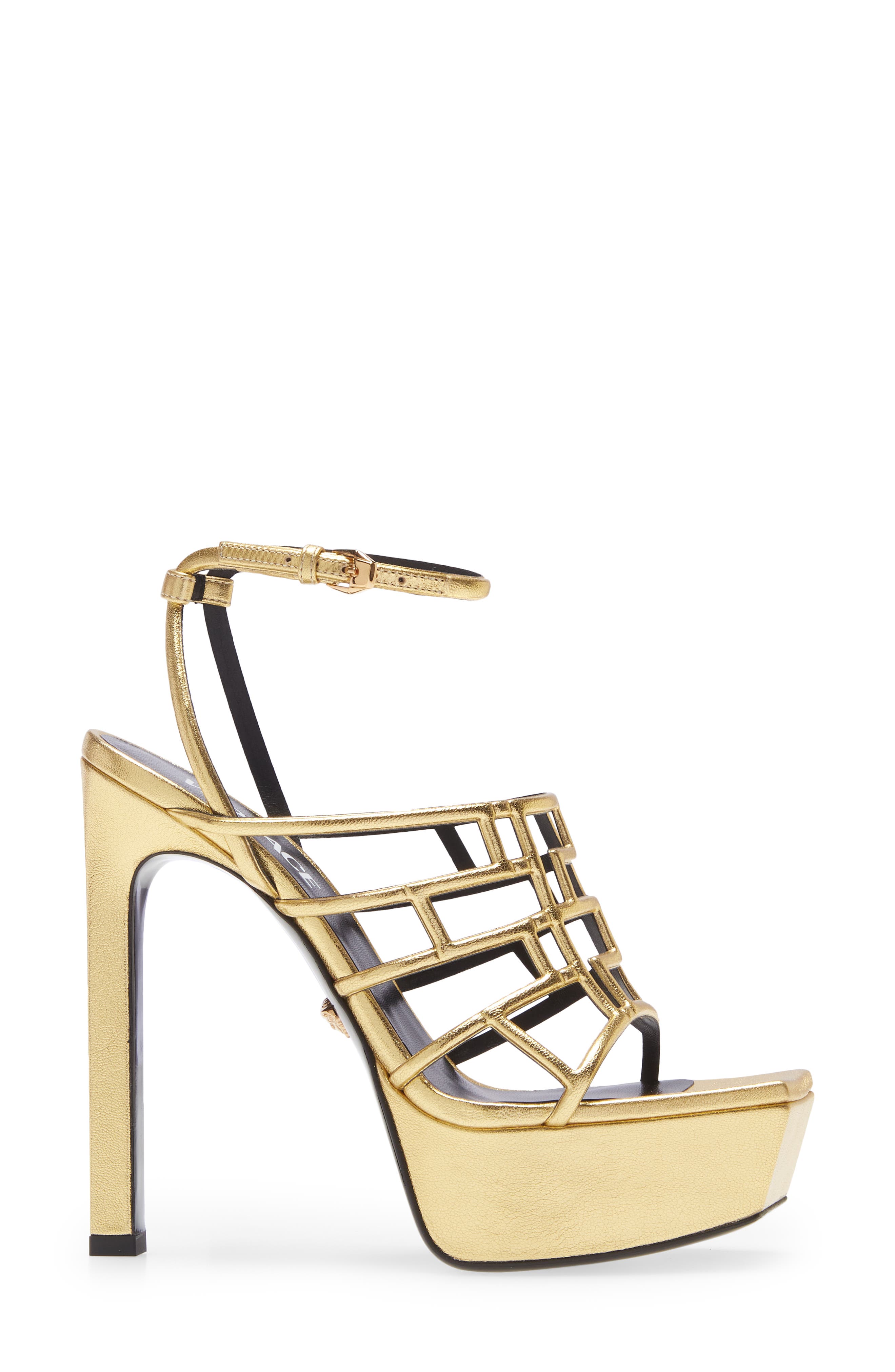 Versace Greek Key Cage Sandal, Alternate, color, 