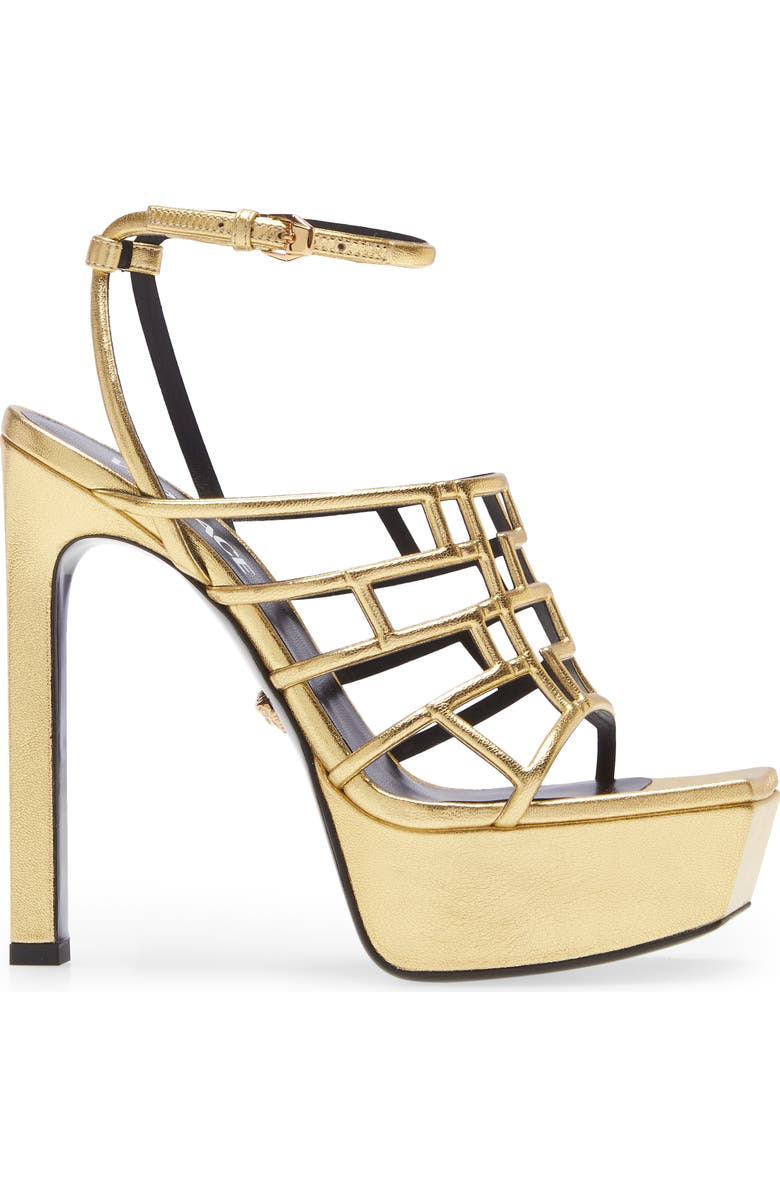 Versace Greek Key Cage Sandal, Alternate, color,