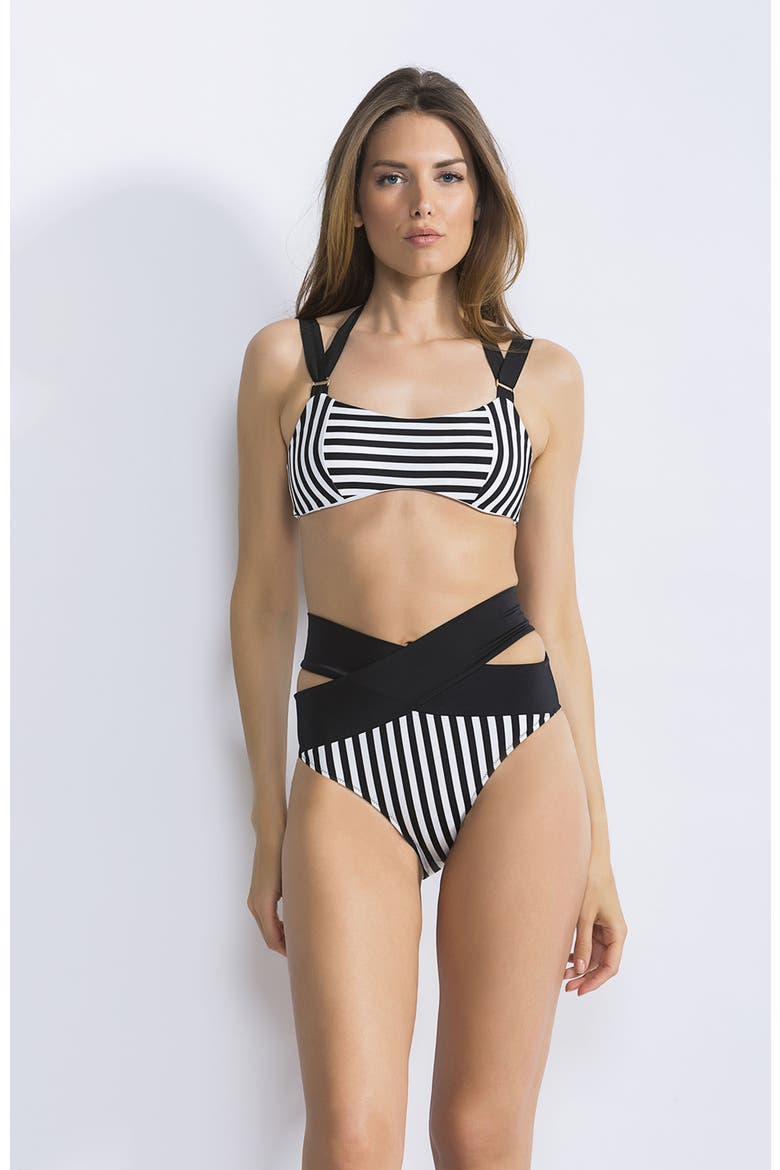 Stripe High-Waist with Criss-Cross Wrap Detail Bikini Set, Main, color, Black-White