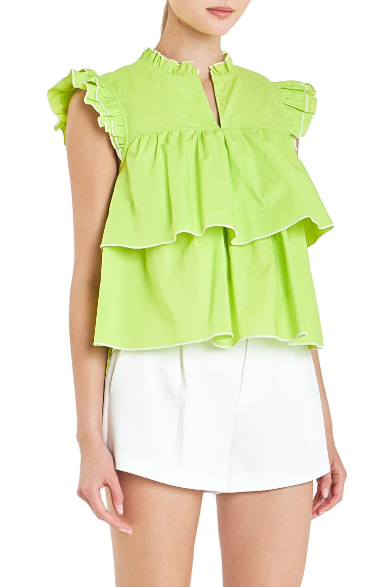 Ruffle Sleeve Tiered Cotton Top, Alternate, color, LIME