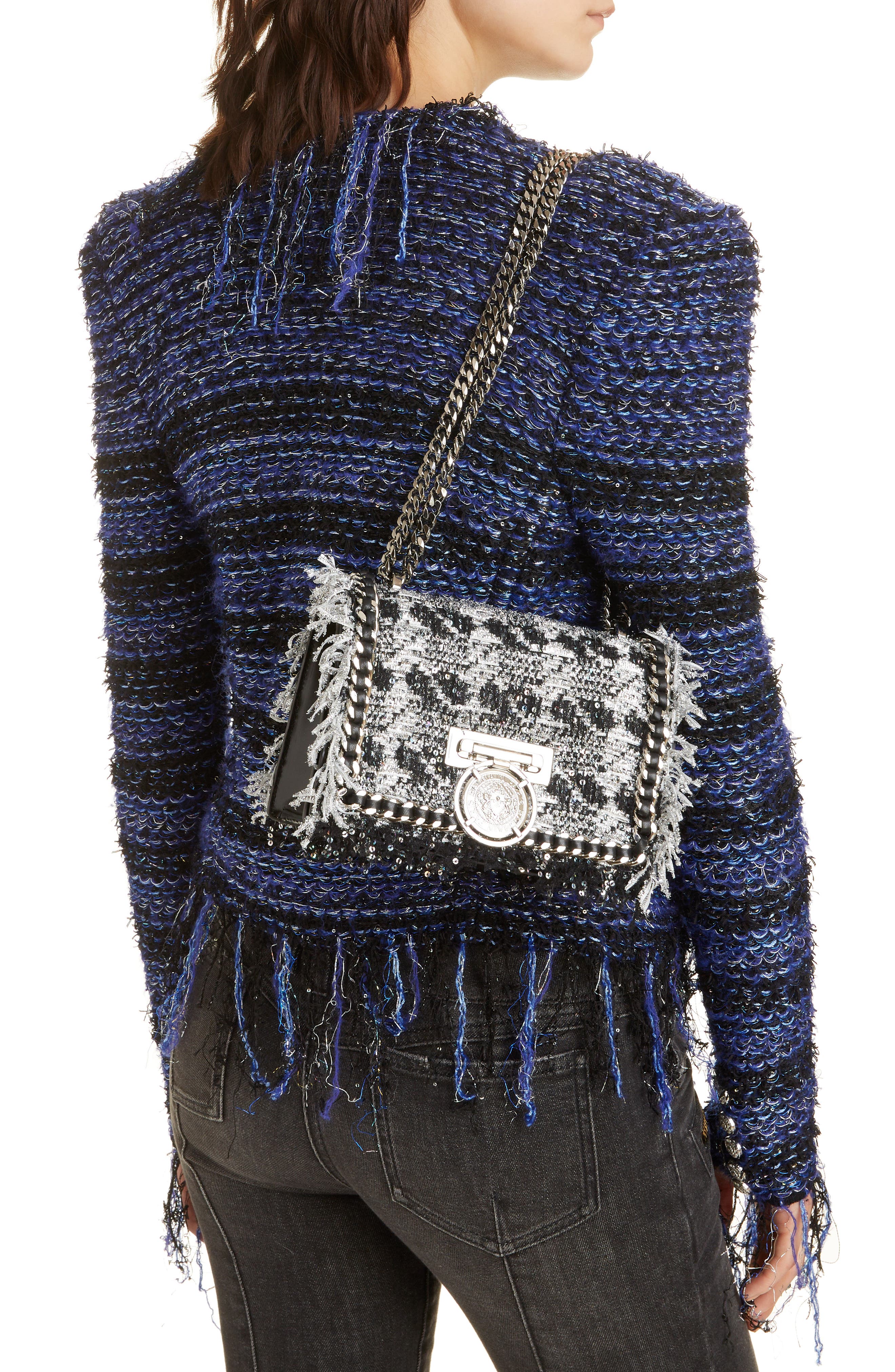 Balmain Metallic Tweed & Leather Box Shoulder Bag, Alternate, color, 