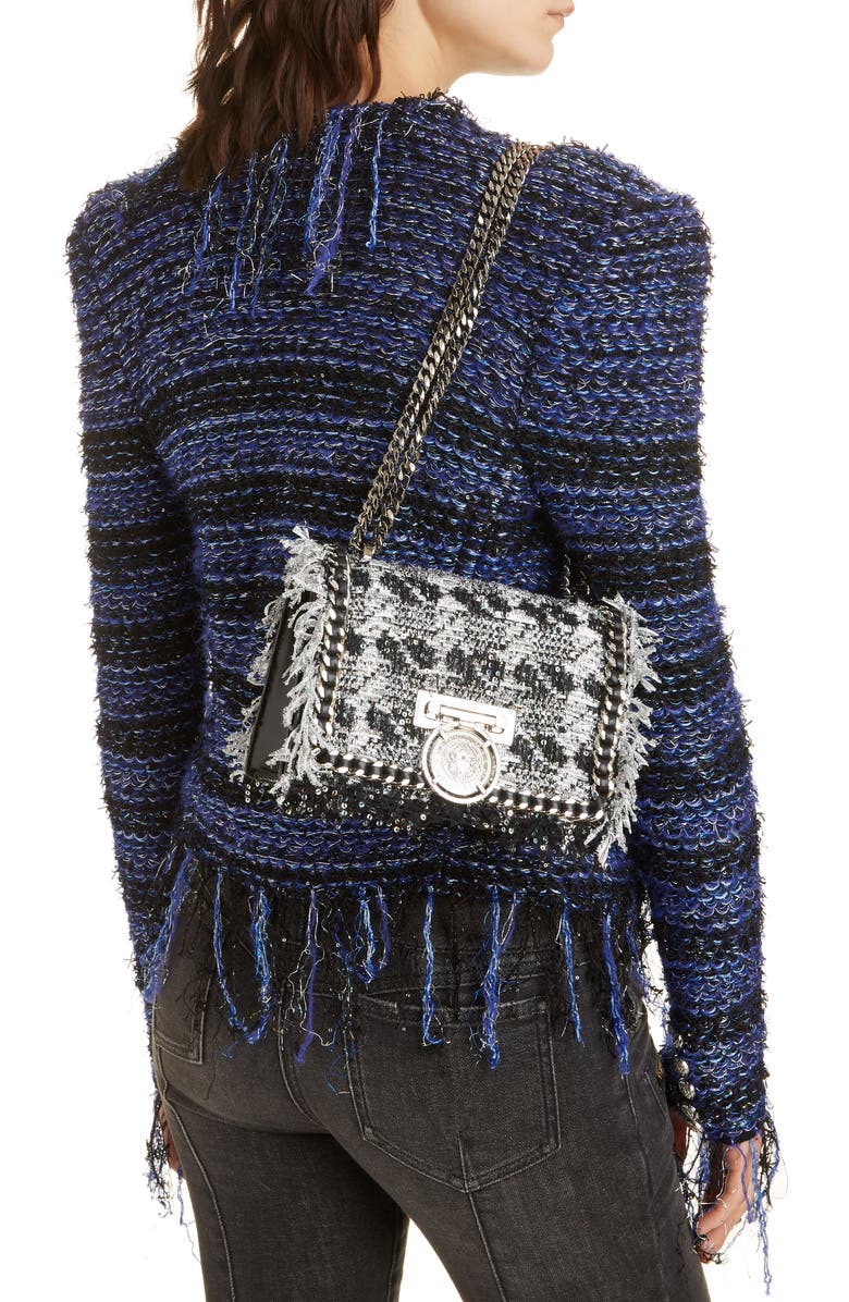 Balmain Metallic Tweed & Leather Box Shoulder Bag, Alternate, color,
