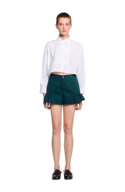 Sandro Womens Zip-up Ruffle-hem Cotton Shorts Bottle Green In Green