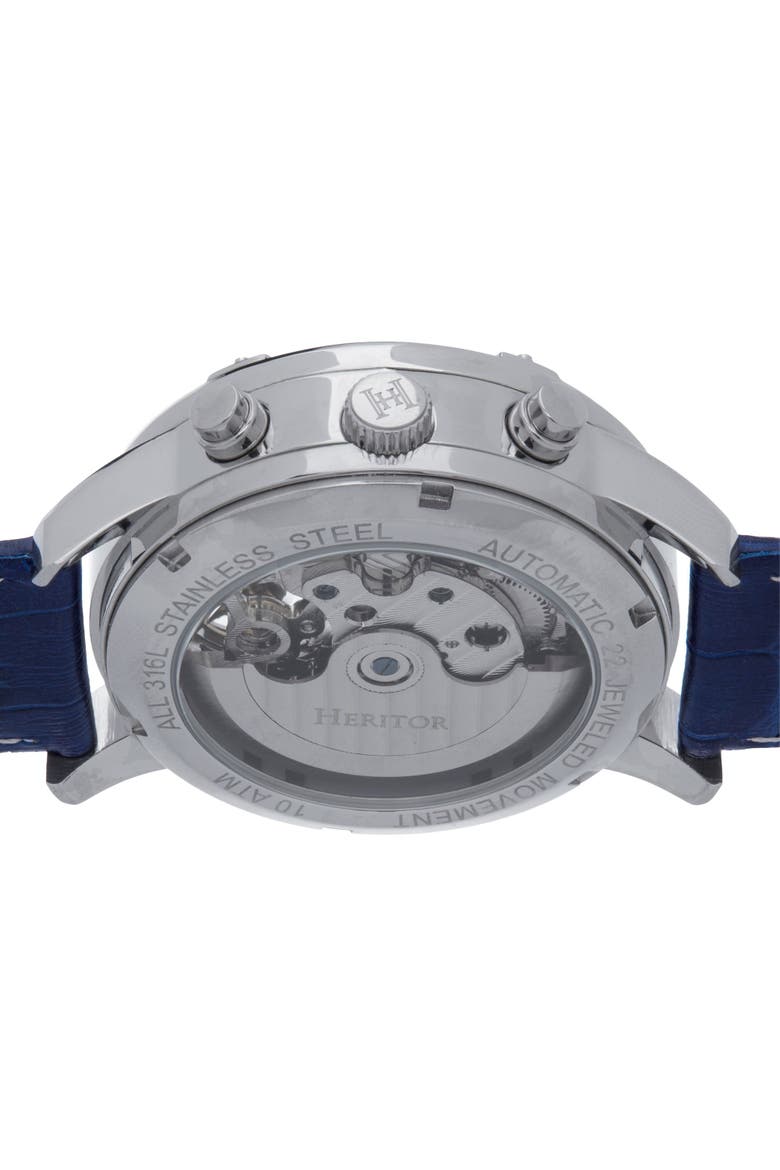 Wilhelm Day-Date Semi Skeleton Automatic Watch w/ Leather Band, Alternate, color, Blue