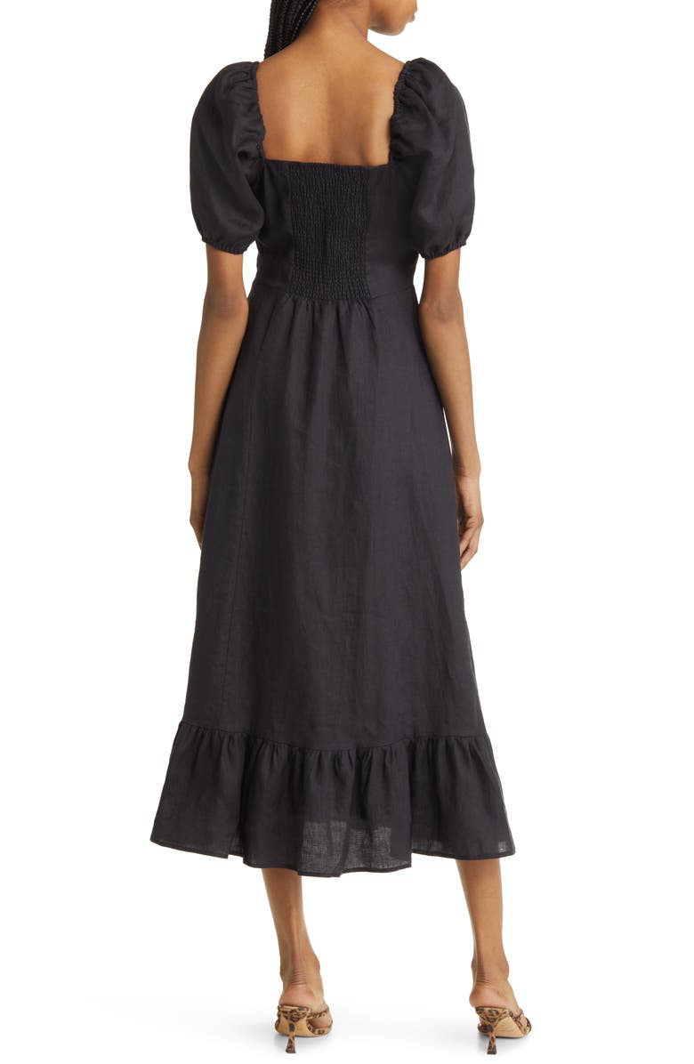 & Other Stories Puff Sleeve Linen Midi Dress, Alternate, color, Black
