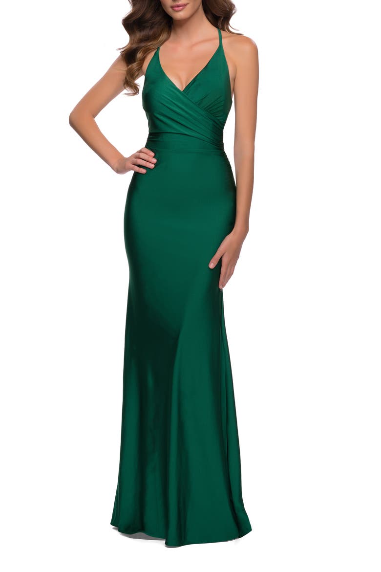 Fitted Long Jersey Gown with Criss Cross Bodice, Main, color, Emerald