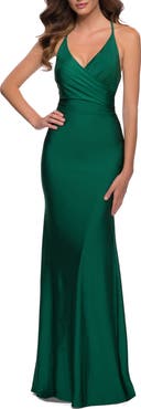 La Femme Fitted Long Jersey Gown with Criss Cross Bodice