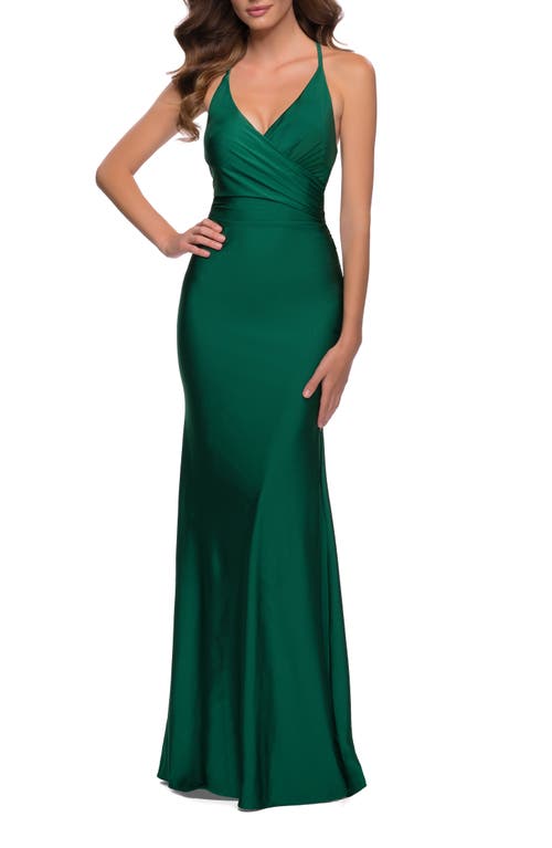 La Femme Fitted Long Jersey Gown With Criss Cross Bodice In Emerald