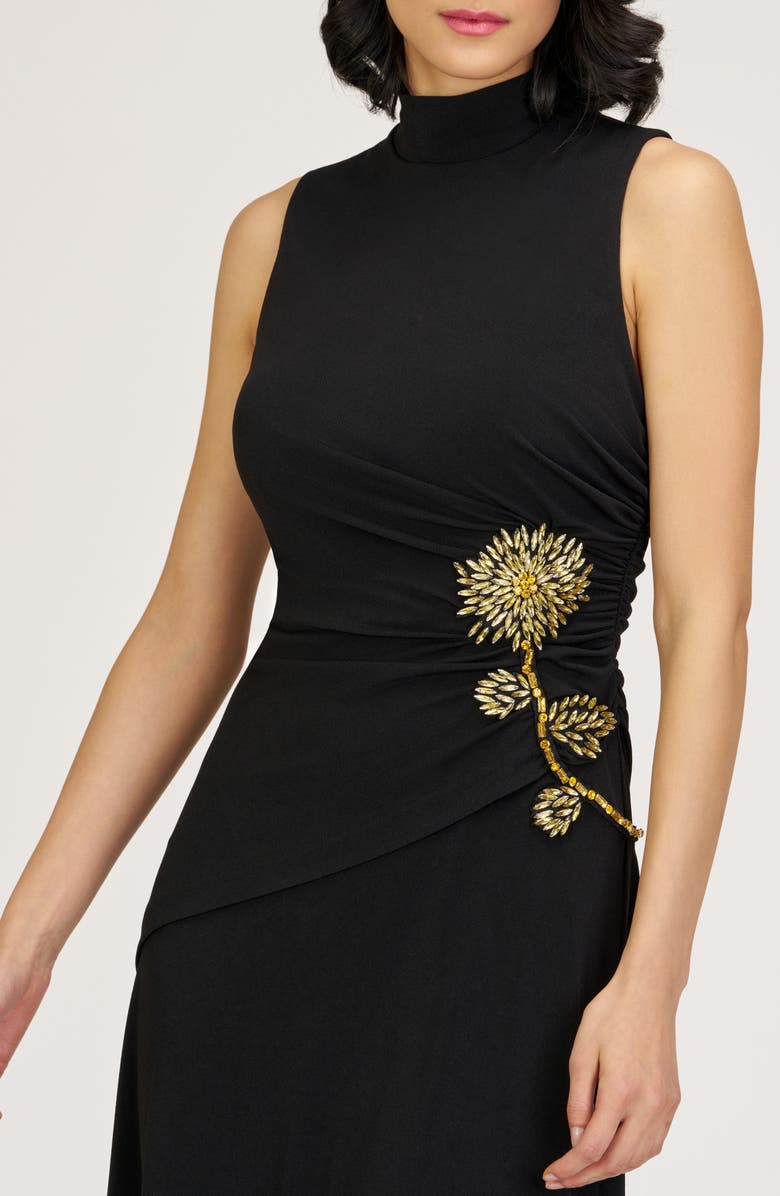 JS Collections Andrea Beaded Floral Detail Asymmetric Hem Gown, Alternate, color, Black