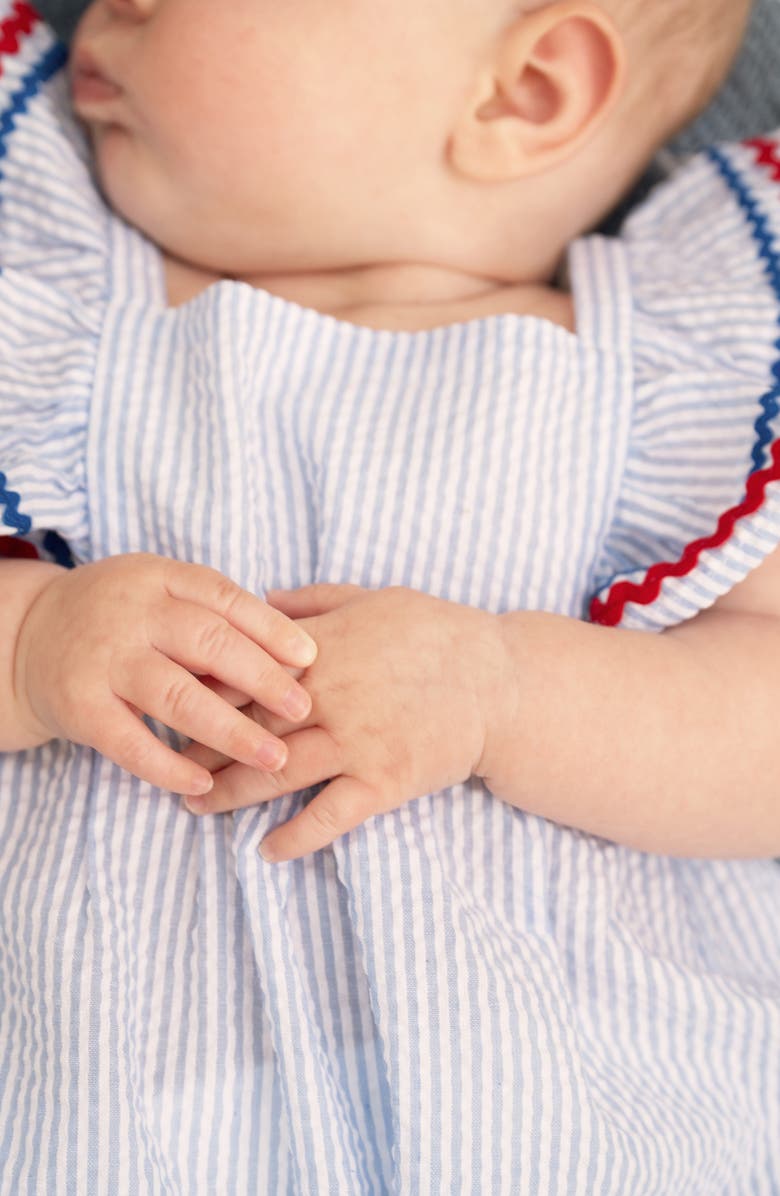 Magnetic Me Stripe Cotton Seersucker Romper, Alternate, color, Blue