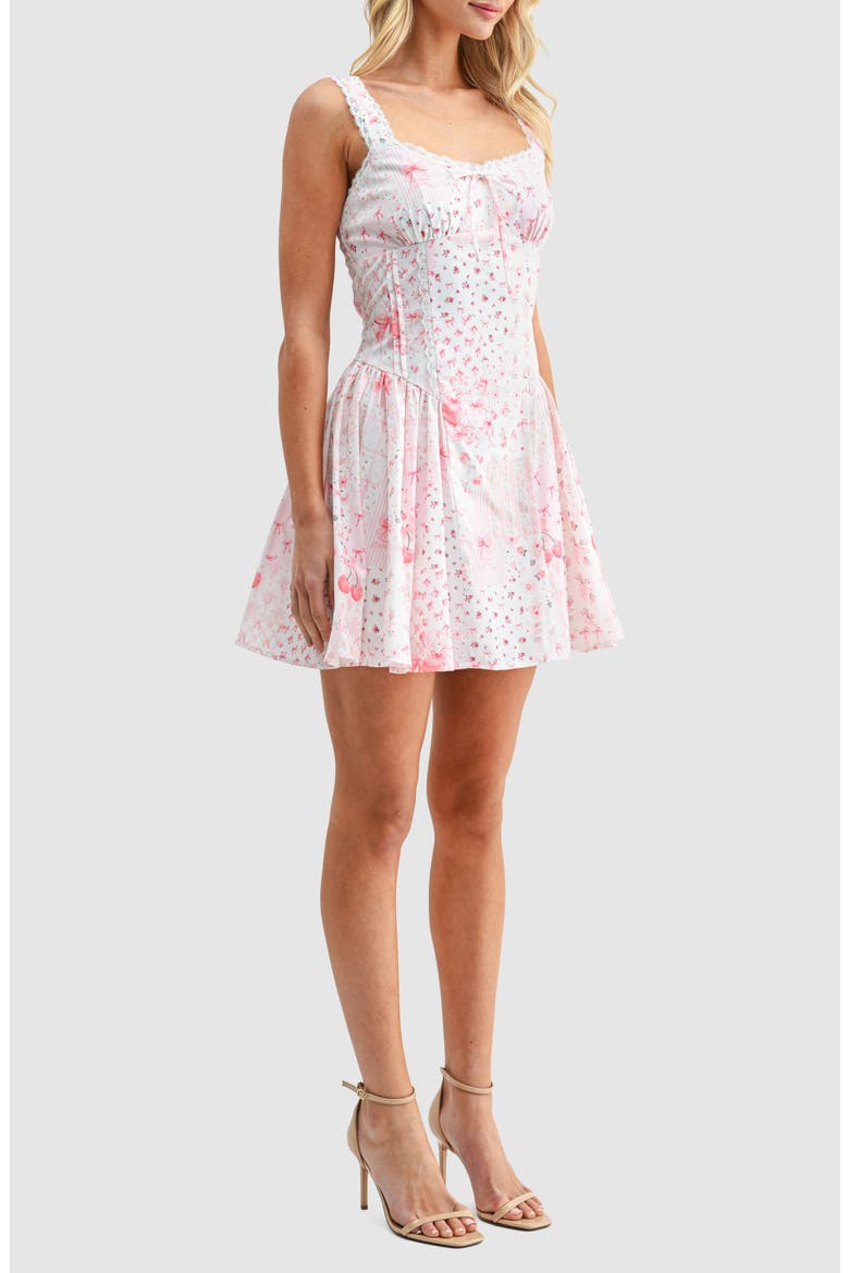 Mixed Print Lace Detail Fit & Flare Cotton Minidress, Alternate, color, PINK BOWS