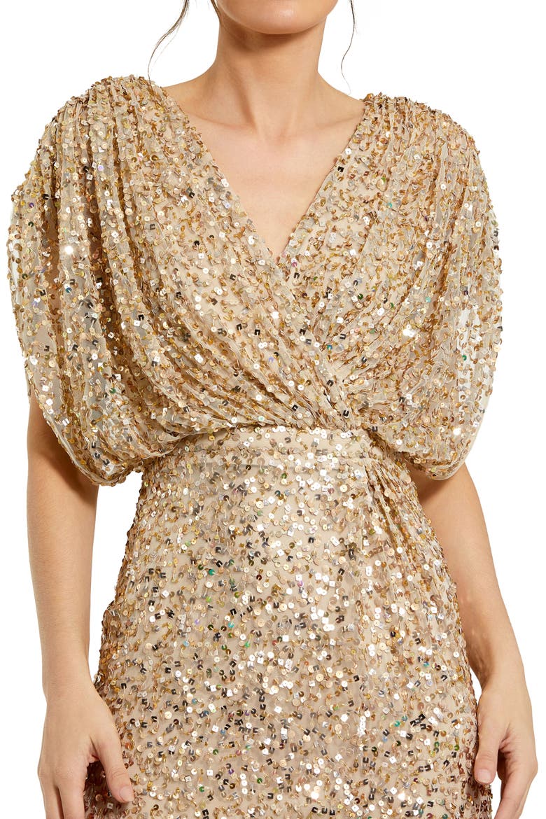 Petite Sequin Draped Sleeve V-Neck Gown, Alternate, color, Nude Gold