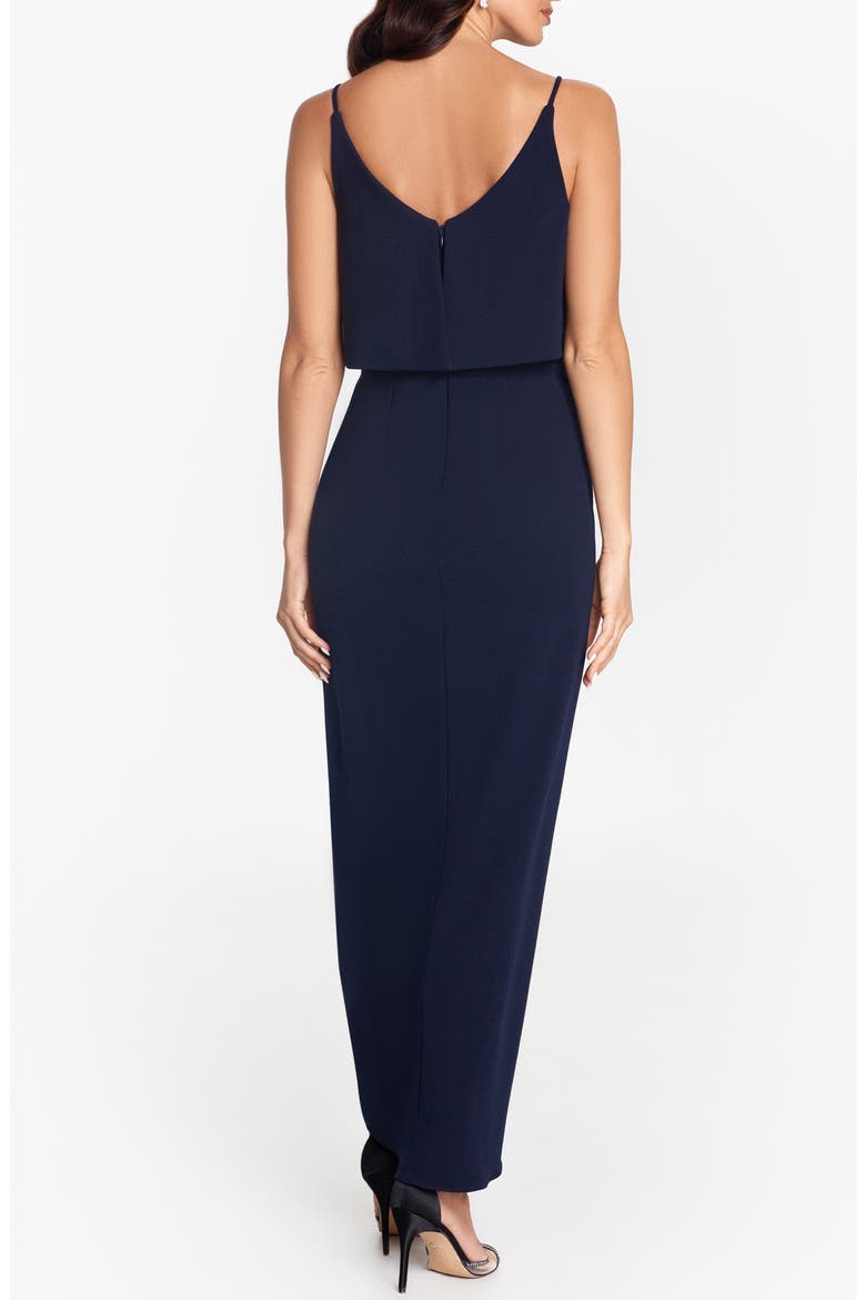 Xscape Scuba Crepe Popover Faux Wrap Gown, Alternate, color, NAVY