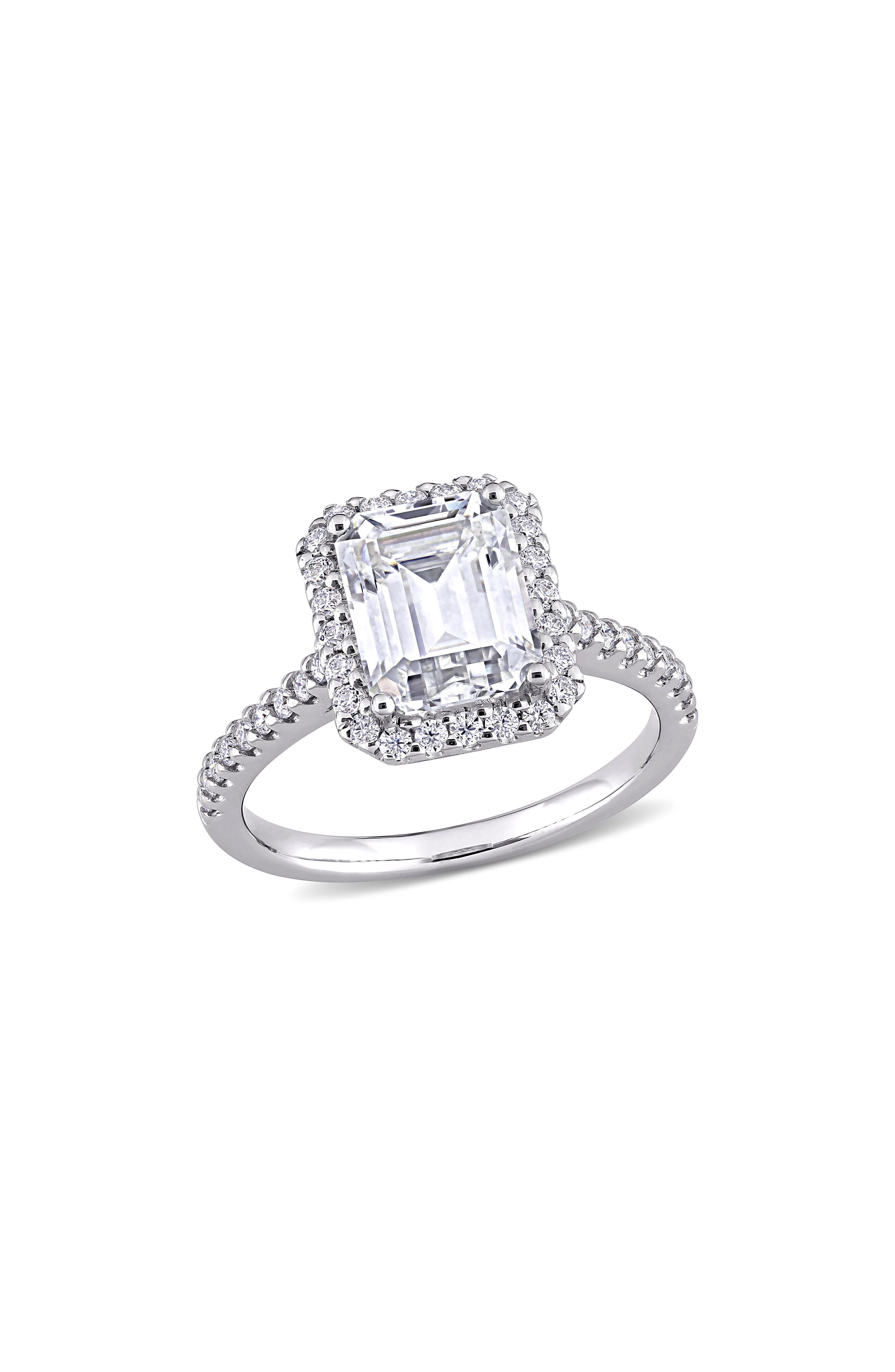 DELMAR 10K White Gold Emerald Cut Created Moissanite Engagement Ring