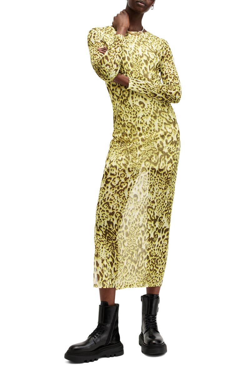 AllSaints Edana Leopard Print Long Sleeve Mesh Dress, Main, color, 