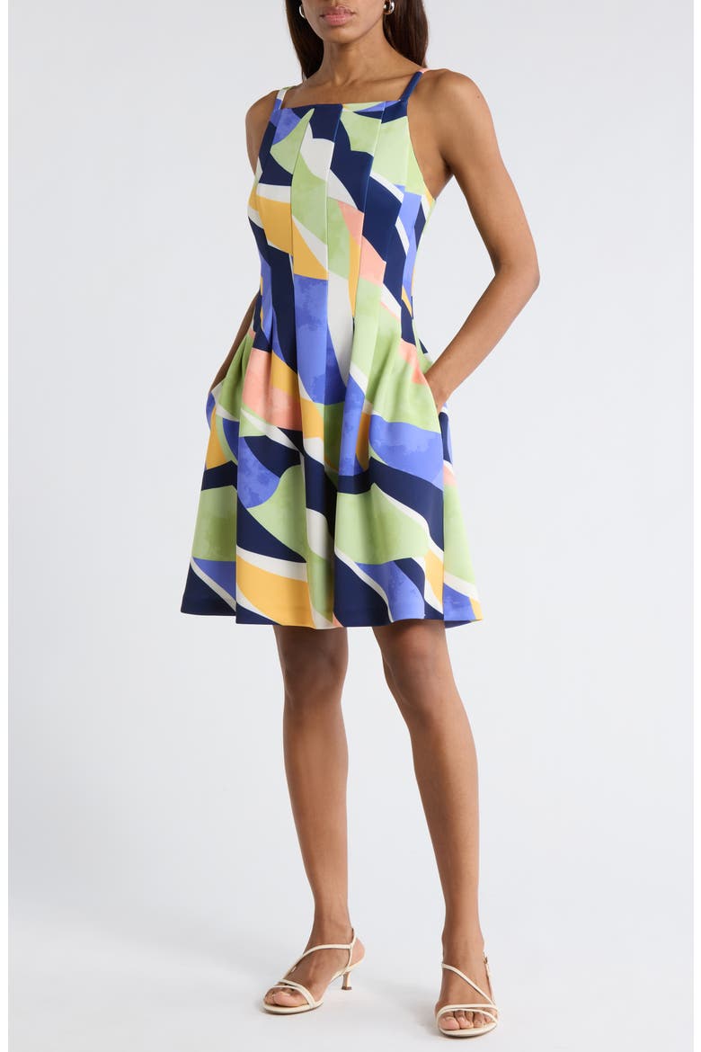 Scuba Knit Fit & Flare Dress, Main, color, BLUE MULTI