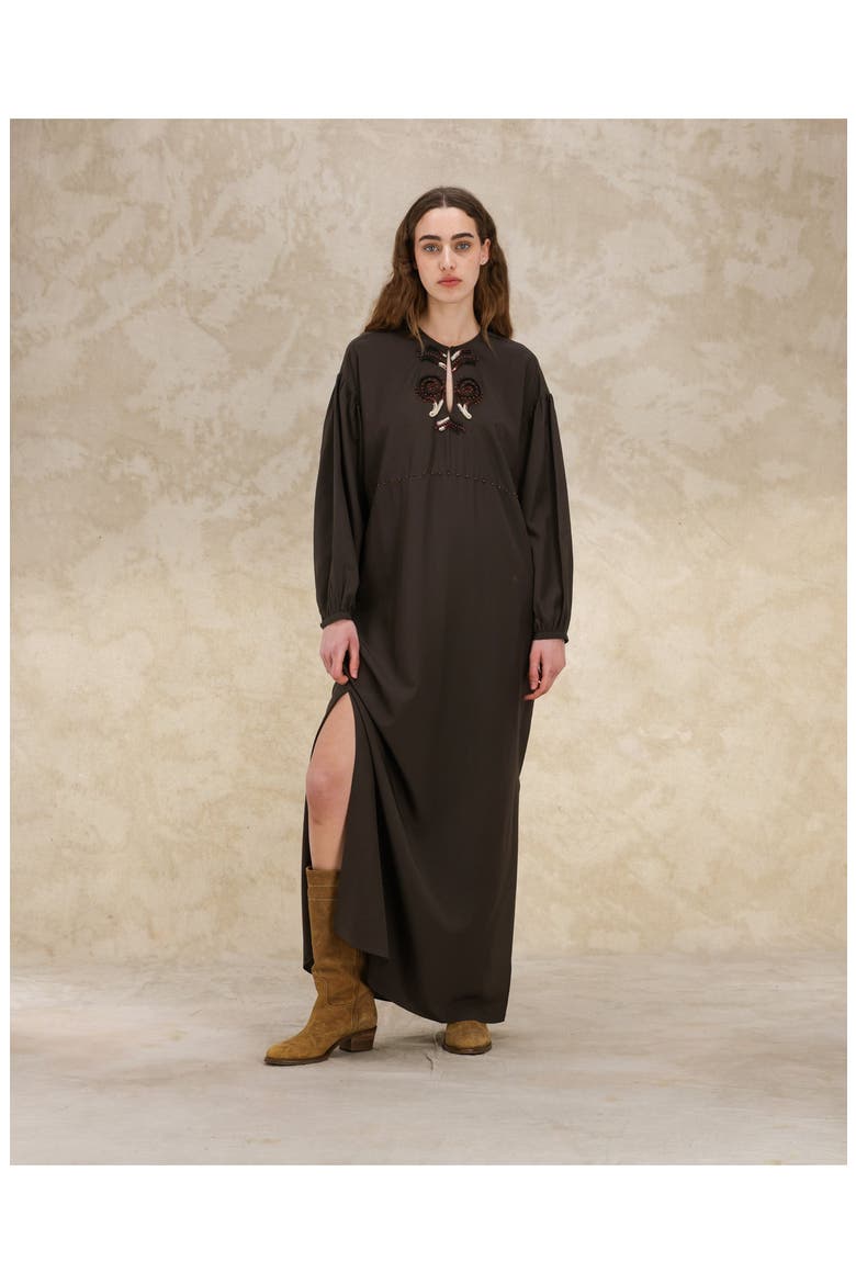 Allegral Embroidered Silk Crepe Dress, Alternate, color, BROWN