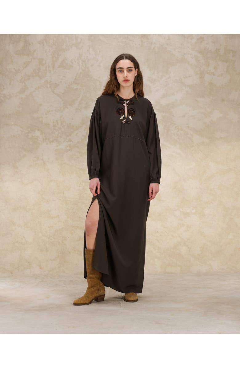 Fortela Allegral Embroidered Silk Crepe Dress, Alternate, color, Brown