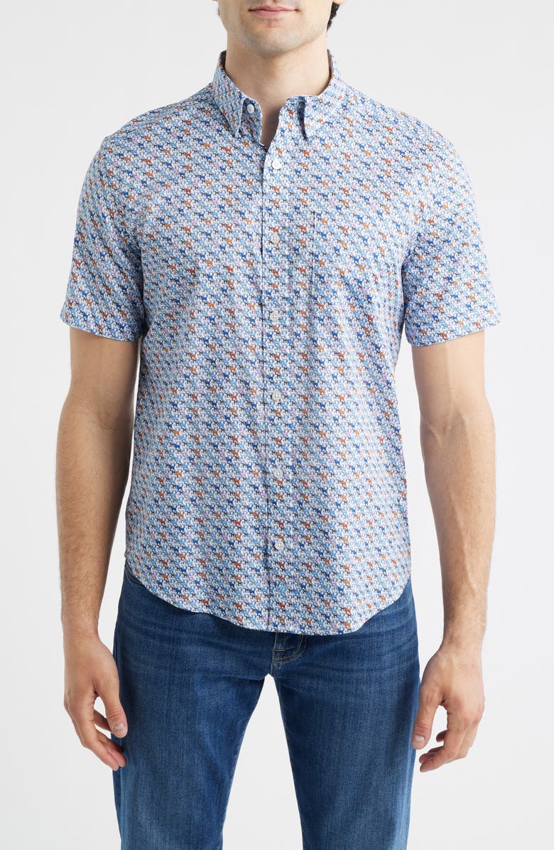 Johnston & Murphy Logan Print Short Sleeve Button-Up Shirt, Main, color, White Multi Mini Lab