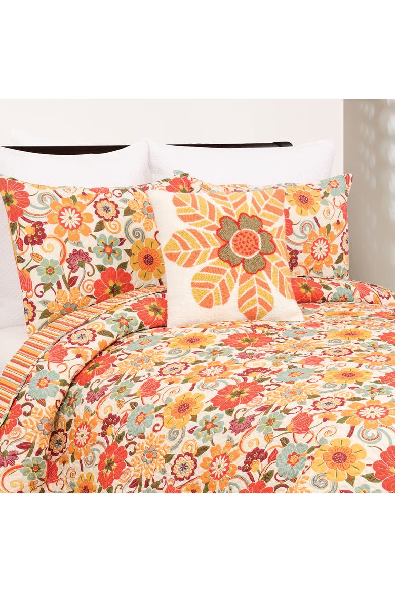 Riley Bright Retro Blooming Flowers Bed Quilt Set, Main, color, Orange