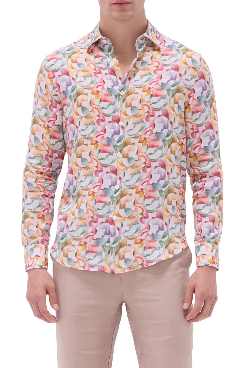 Bugatchi Julian Shaped Fit Linen Button-Up Shirt, Main, color, Sand