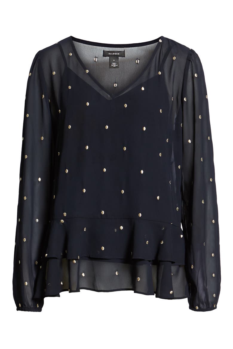 Ruffle Hem Metallic Dot Blouse, Alternate, color, NAVY- GOLD DOT