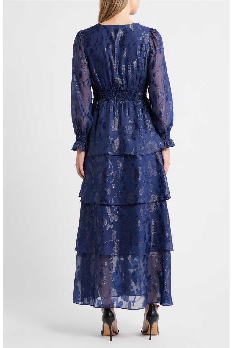 Metallic Floral Long Sleeve Tiered Dress, Alternate, color, DISTANT MOUNTAIN