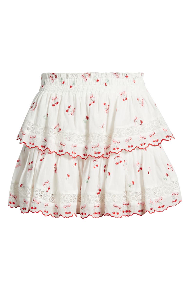 LoveShackFancy Cherry Bow Embroidered Ruffle Cotton Miniskirt, Alternate, color, Optic White