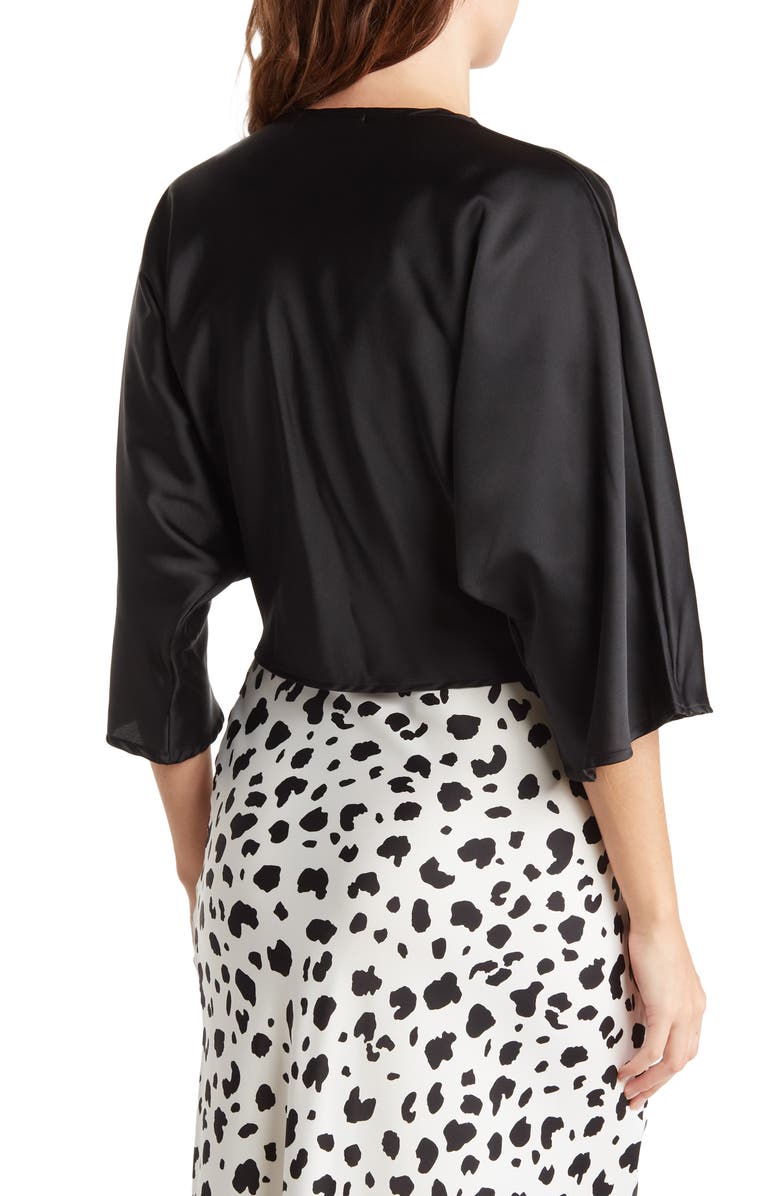 Renee C Plunge Neck Long Sleeve Twisted Knot Satin Top, Alternate, color, Black