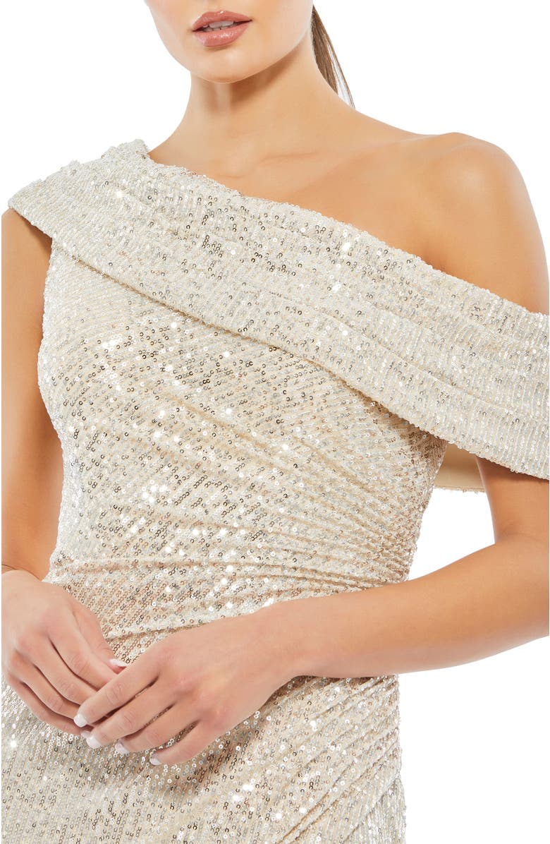 Mac Duggal One-Shoulder Ruched Sequined Gown, Alternate, color, Nude